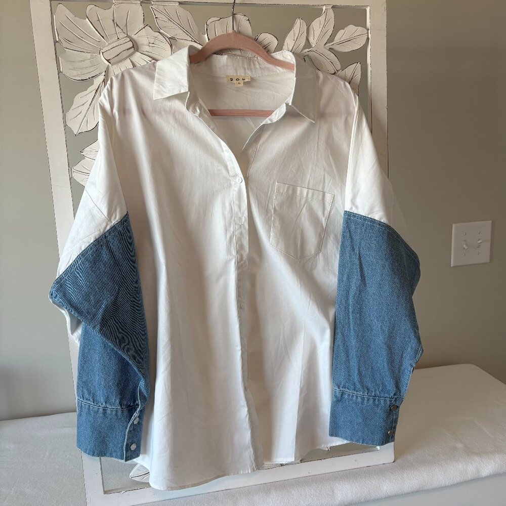 NWOT - POL White Button-Down Long Sleeve Shirt with Denim Sleeves